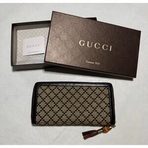 Gucci Authentic‎ Diamante Bamboo Canvas Leather Zip Continental Wallet Burgundy